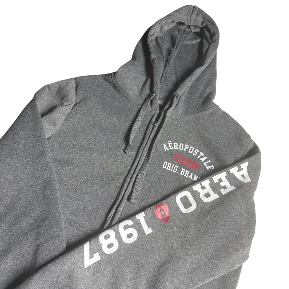 Aeropostale Men’s Gray Full Zip Hoodie AERO 1987 Sleeve Logo Large